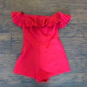 Red Pleated Off-Shoulder Romper